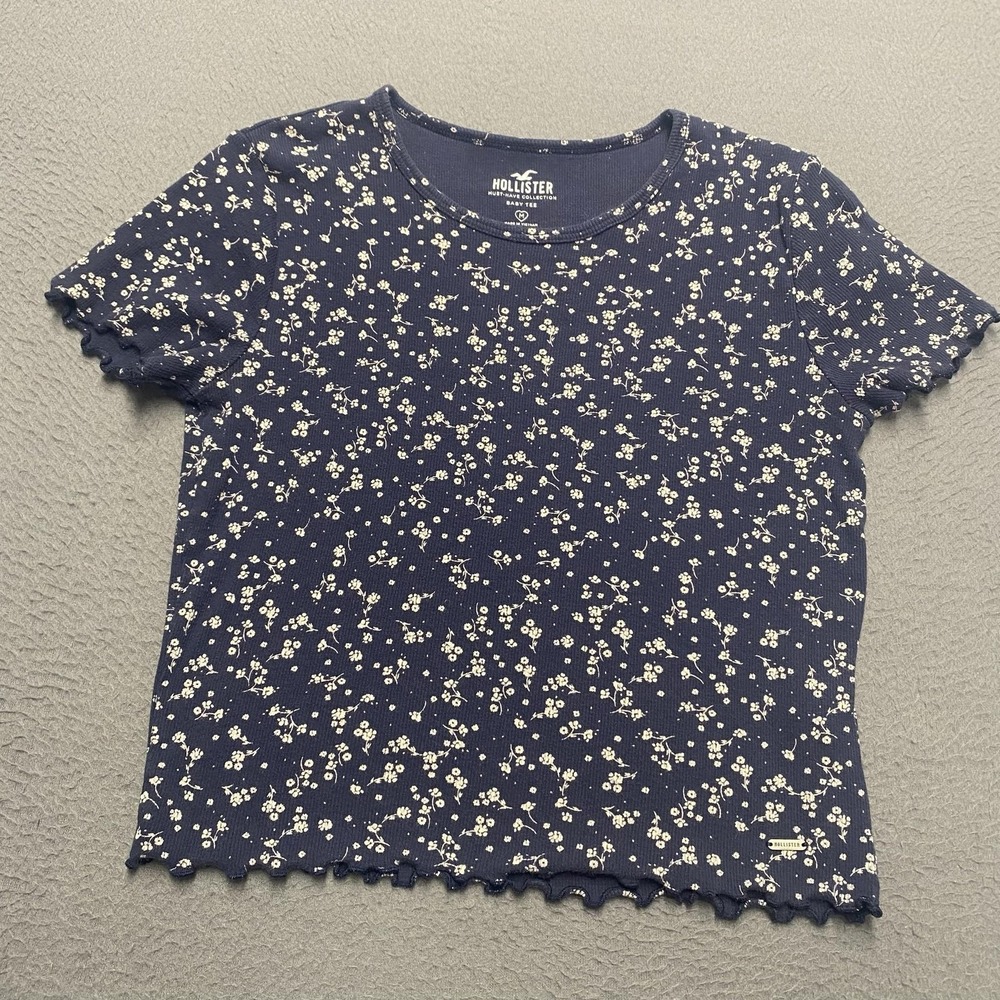 Hollister Shirt Juniors Medium Blue Floral Ribbed Baby Tee Lettuce Hem Cropped